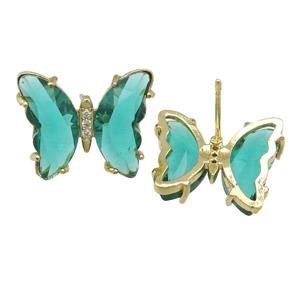 peacockgreen Crystal Glass Butterfly Stud Earrings, gold plated, approx 12-15mm