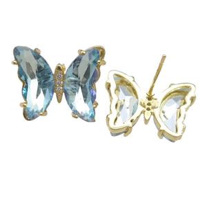 lt.blue Crystal Glass Butterfly Stud Earrings, gold plated, approx 12-15mm