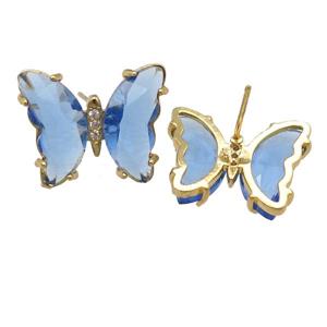 blue Crystal Glass Butterfly Stud Earrings, gold plated, approx 12-15mm