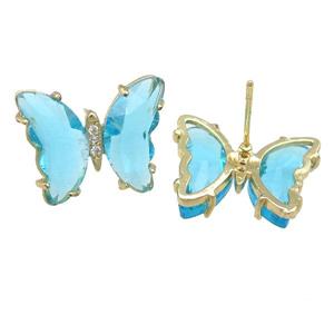 aqua Crystal Glass Butterfly Stud Earrings, gold plated, approx 12-15mm