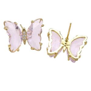 lt.pink Crystal Glass Butterfly Stud Earrings, gold plated, approx 12-15mm