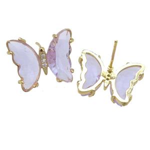 lavender Crystal Glass Butterfly Stud Earrings, gold plated, approx 12-15mm