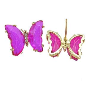 hotpink Crystal Glass Butterfly Stud Earrings, gold plated, approx 12-15mm