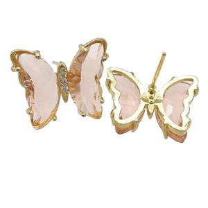 peach Crystal Glass Butterfly Stud Earrings, gold plated, approx 12-15mm