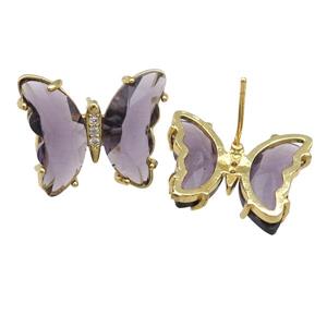 purple Crystal Glass Butterfly Stud Earrings, gold plated, approx 12-15mm