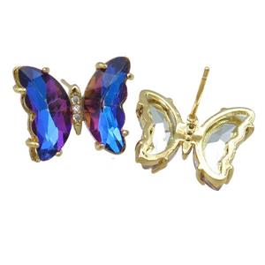 darkblue Crystal Glass Butterfly Stud Earrings, gold plated, approx 12-15mm