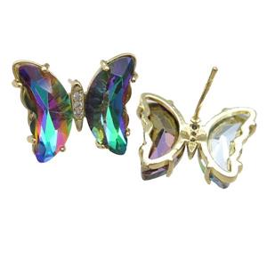 rainbow Crystal Glass Butterfly Stud Earrings, gold plated, approx 12-15mm