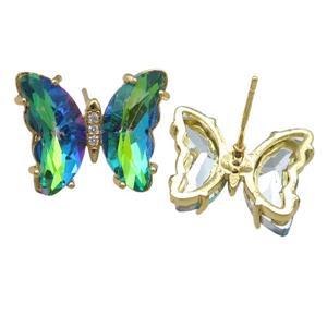 green Crystal Glass Butterfly Stud Earrings, gold plated, approx 12-15mm