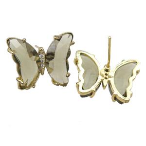 smoky Crystal Glass Butterfly Stud Earrings, gold plated, approx 12-15mm