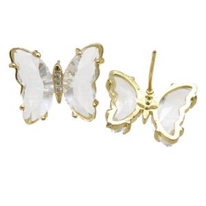 clear Crystal Glass Butterfly Stud Earrings, gold plated, approx 12-15mm
