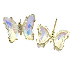 clear AB-color Crystal Glass Butterfly Stud Earrings, gold plated, approx 12-15mm
