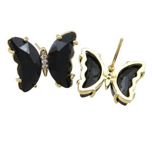 black Crystal Glass Butterfly Stud Earrings, gold plated, approx 12-15mm