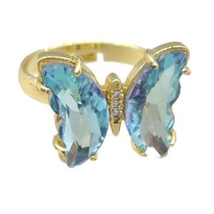 lt.blue Crystal Glass Butterfly Rings, gold plated, approx 15-18mm, 17mm dia