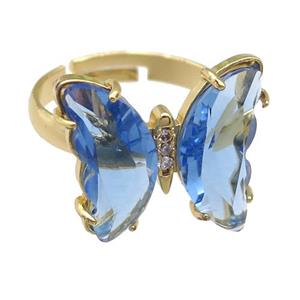 blue Crystal Glass Butterfly Rings, gold plated, approx 15-18mm, 17mm dia