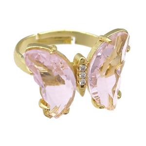 lt.pink Crystal Glass Butterfly Rings, gold plated, approx 15-18mm, 17mm dia
