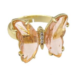 peach Crystal Glass Butterfly Rings, gold plated, approx 15-18mm, 17mm dia