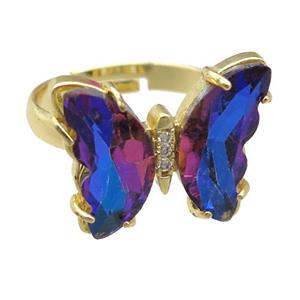 blue Crystal Glass Butterfly Rings, gold plated, approx 15-18mm, 17mm dia