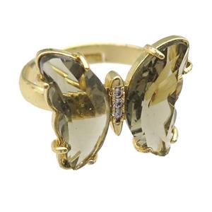 smoky Crystal Glass Butterfly Rings, gold plated, approx 15-18mm, 17mm dia