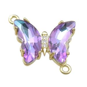 mauve Crystal Glass Butterfly Connector, gold plated, approx 12-15mm