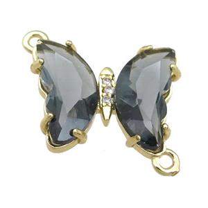 smoky Crystal Glass Butterfly Connector, gold plated, approx 12-15mm