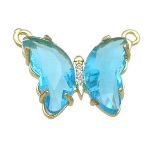 aqua Crystal Glass Butterfly Pendant with 2loops, gold plated, approx 15-18mm
