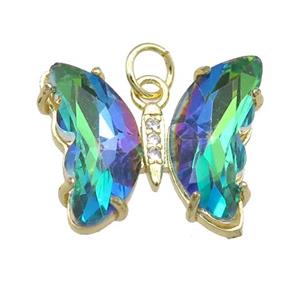 bluegreen Crystal Glass Butterfly Pendant, gold plated, approx 15-18mm