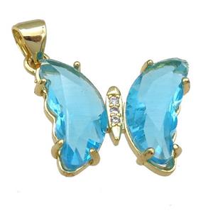 aqua Crystal Glass Butterfly Pendant, gold plated, approx 15-18mm