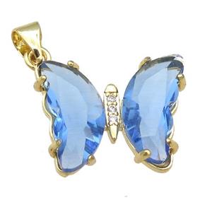 blue Crystal Glass Butterfly Pendant, gold plated, approx 15-18mm