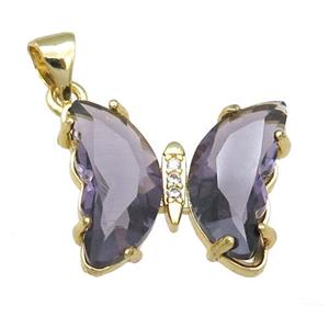 purple Crystal Glass Butterfly Pendant, gold plated, approx 15-18mm