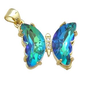bluegreen Crystal Glass Butterfly Pendant, gold plated, approx 15-18mm
