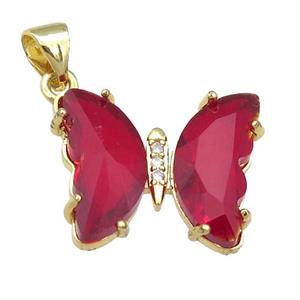red Crystal Glass Butterfly Pendant, gold plated, approx 15-18mm