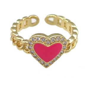 copper Rings with pink enamel heart, adjustable, gold plated, approx 10mm, 16mm dia