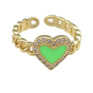 copper Rings with green enamel heart, adjustable, gold plated, approx 10mm, 16mm dia
