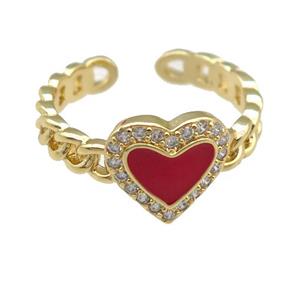 copper Rings with red enamel heart, adjustable, gold plated, approx 10mm, 16mm dia