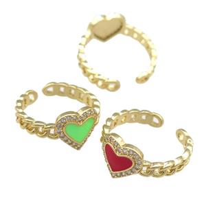 copper Rings with enamel heart, adjustable, gold plated, mixed, approx 10mm, 16mm dia