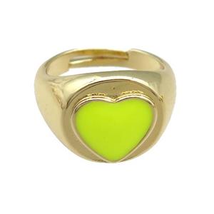 copper Rings with yellow enamel heart, adjustable, gold plated, approx 12mm, 17mm dia