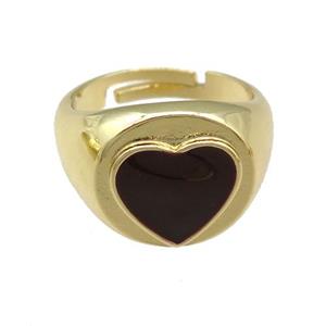 copper Rings with black enamel heart, adjustable, gold plated, approx 12mm, 17mm dia