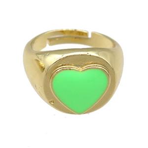 copper Rings with green enamel heart, adjustable, gold plated, approx 12mm, 17mm dia