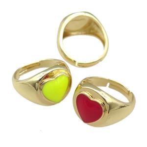 copper Rings with enamel heart, adjustable, gold plated, mixed, approx 12mm, 17mm dia