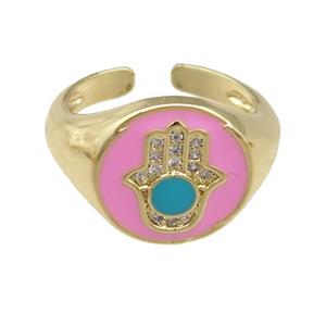 copper Rings with pink enamel hand, adjustable, gold plated, approx 13mm, 17mm dia