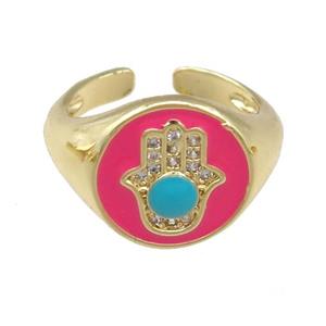 copper Rings with hotpink enamel hand, adjustable, gold plated, approx 13mm, 17mm dia