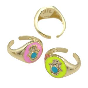 copper Rings with enamel hand, adjustable, gold plated, mixed, approx 13mm, 17mm dia