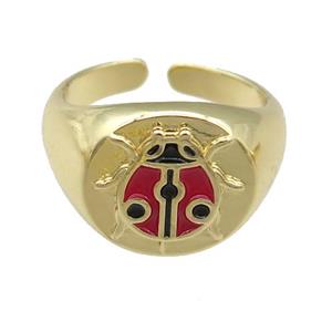 copper Rings with enamel beetle, adjustable, gold plated, approx 12mm, 17mm dia