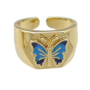 copper Rings with enamel butterfly, adjustable, gold plated, approx 12mm, 17mm dia