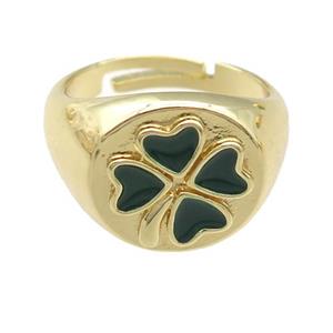 copper Rings with enamel clover, adjustable, gold plated, approx 12mm, 17mm dia
