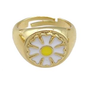 copper Rings with enamel daisy, adjustable, gold plated, approx 12mm, 17mm dia