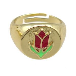 copper Rings with enamel lotus, adjustable, gold plated, approx 12mm, 17mm dia