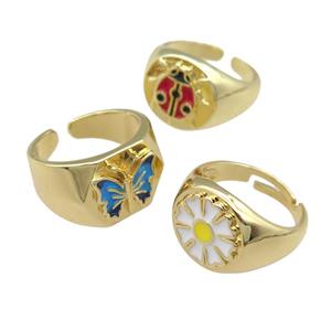 copper Rings with enamel, adjustable, gold plated, mixed, approx 12mm, 17mm dia