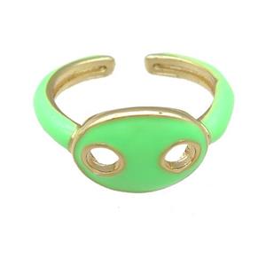 copper Rings with green enamel pignose, adjustable, gold plated, approx 11-14mm, 17mm dia