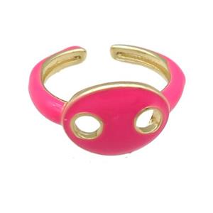 copper Rings with hotpink enamel pignose, adjustable, gold plated, approx 11-14mm, 17mm dia